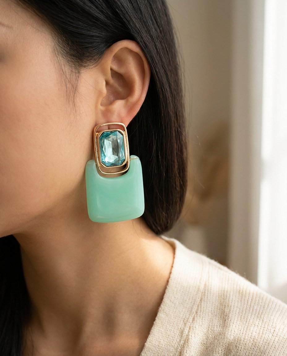 Altın Renk Aqua Kristal Sallantılı Küpe – üzerinde